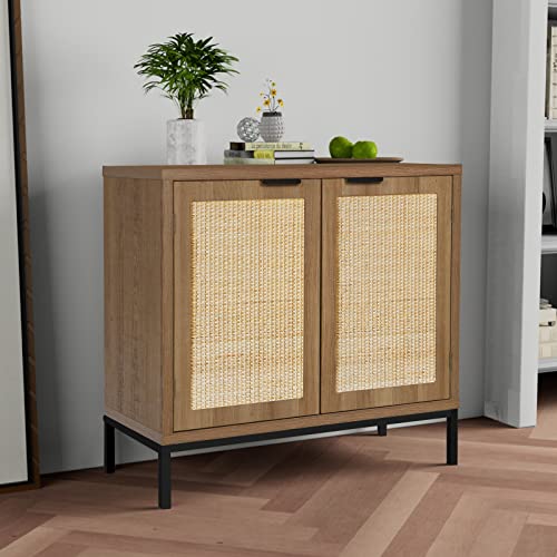 AI Cabinets Rustic Oak Accent Storage Cabinet with 2 Rattan Doors,