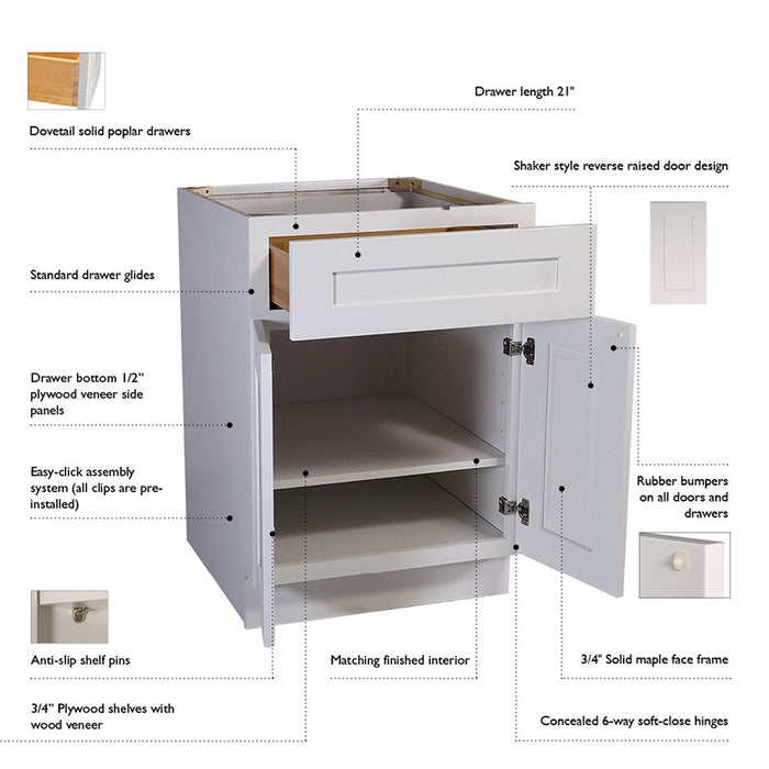 AI Cabinets Unassembled Shaker Tall Wall Kitchen Cabinet, 30x24x12, White