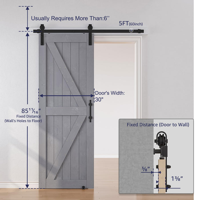 SMARTSTANDARD 30in x 84in Sliding Barn Door with 5ft Barn Door Hardware Kit Included,